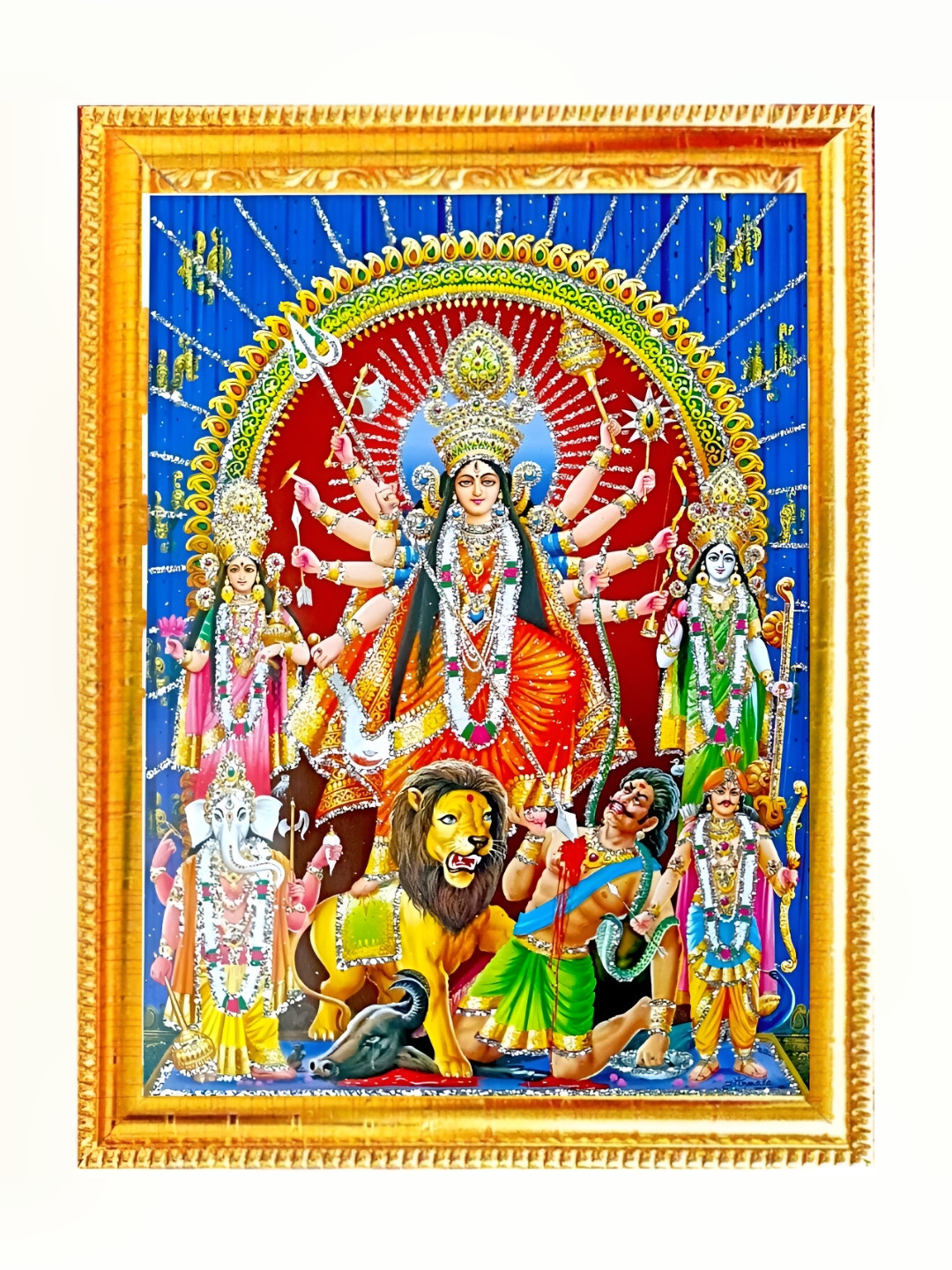 SUNINOW Gold Toned & Red Goddess Durga Ma Printed Photo Frame