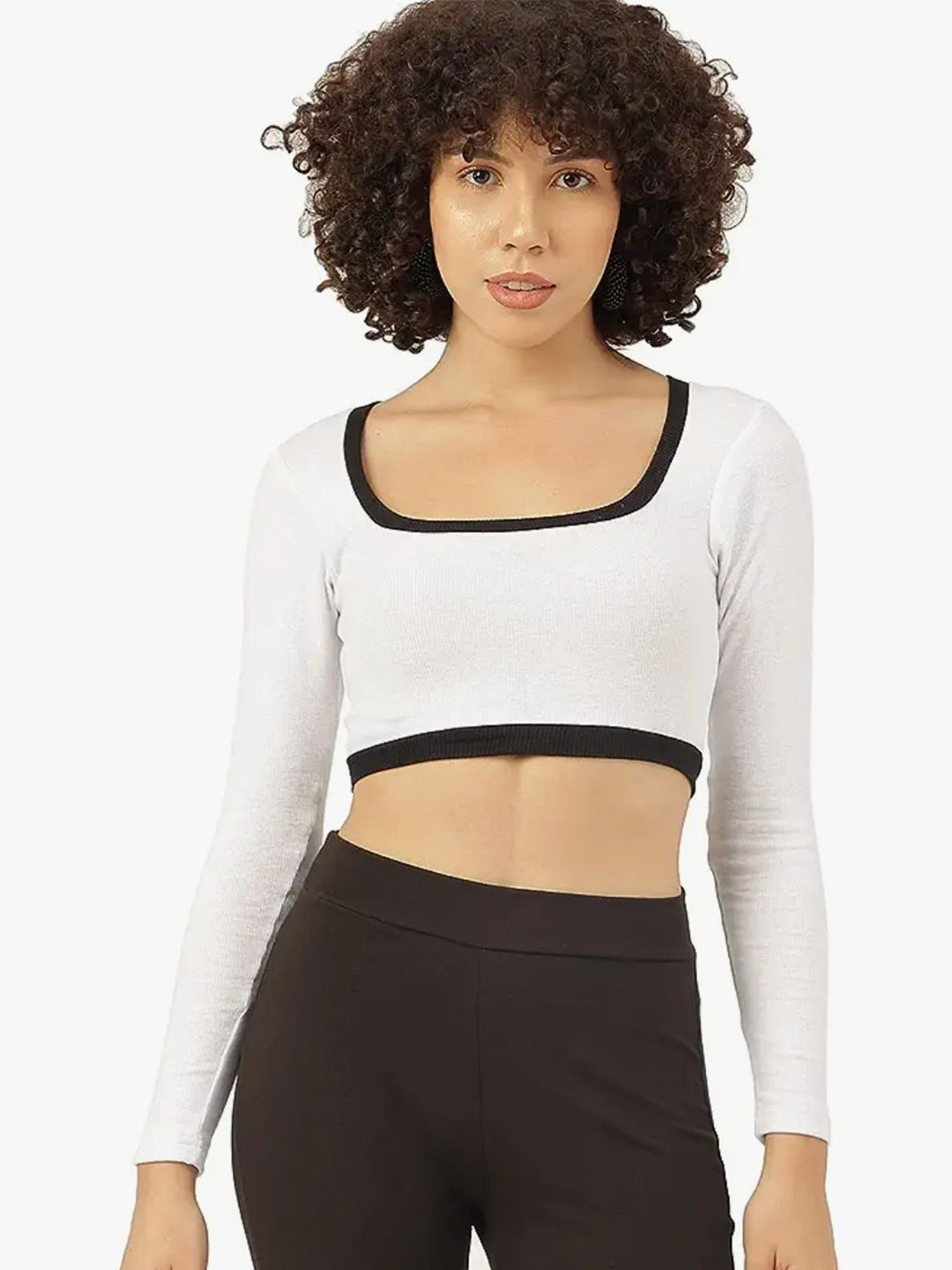 ZEROZABAR Women Cotton Square Neck Ribbed Fitted Crop Top