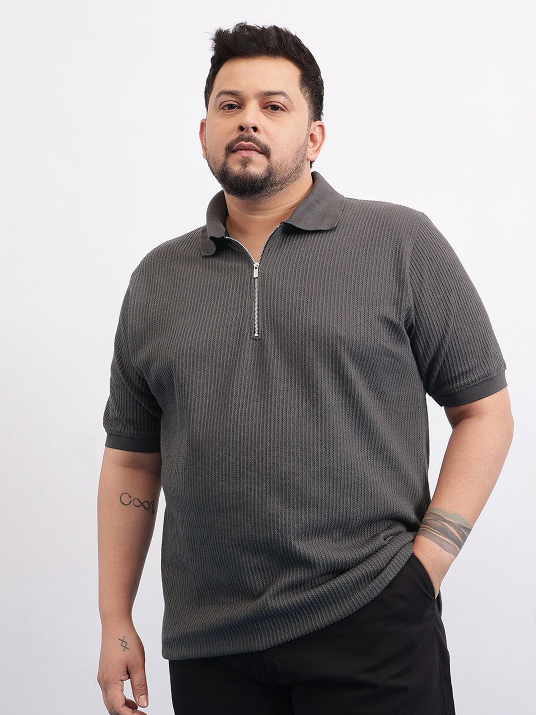 UNSTD Men Plus Size Zipper Textured Polo T-Shirt