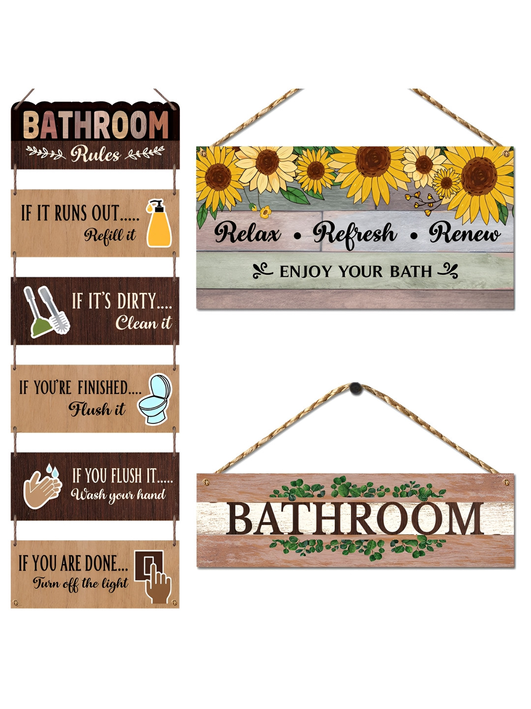 Chaka Chaundh BATHROOM Wood Floral Matte Hanging Hall 3Pcs Wall Hangings-20In