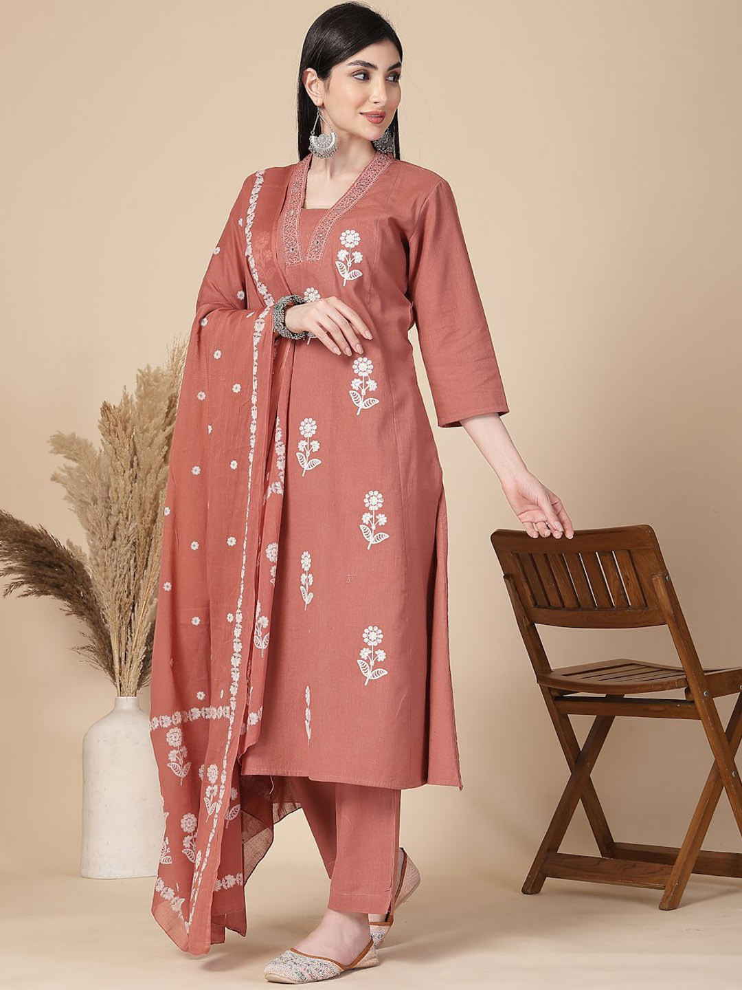 Shangri LA MS Designs Floral Embroidered Mirror Work Cotton Kurta With Trouser And Dupatta
