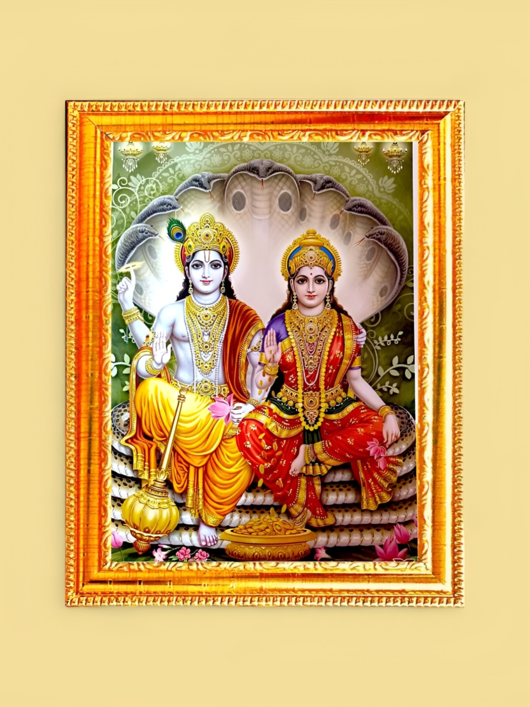 SUNINOW Gold-Toned & Yellow Vishnu Laxmi Wooden Wall Photo Frames