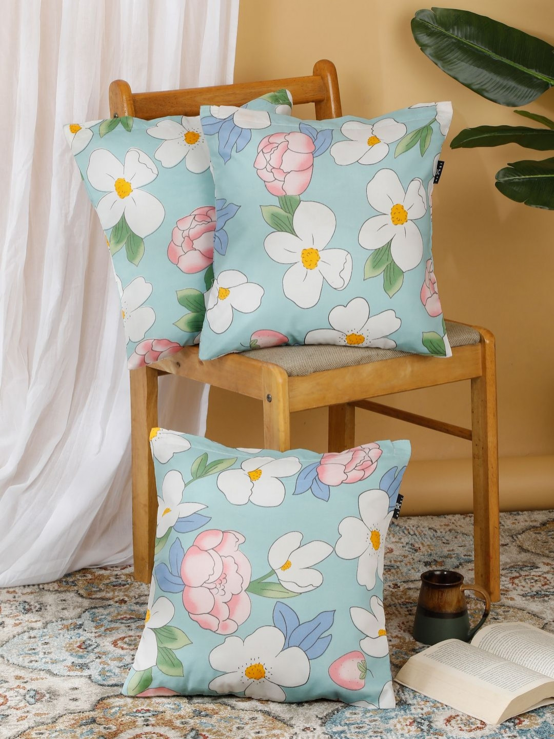 Arrabi Cotton Blend Floral Polyester Washable 3 Pcs Square Cushion Covers - 15.7 x 15.7 In