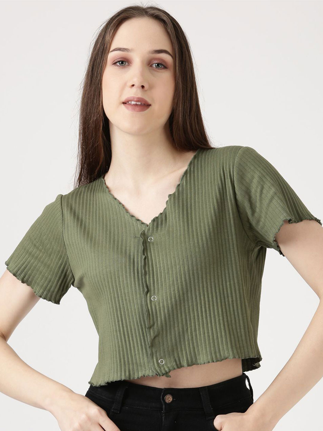FILMODE Women V-Neck Ribbed Cotton Crop Top