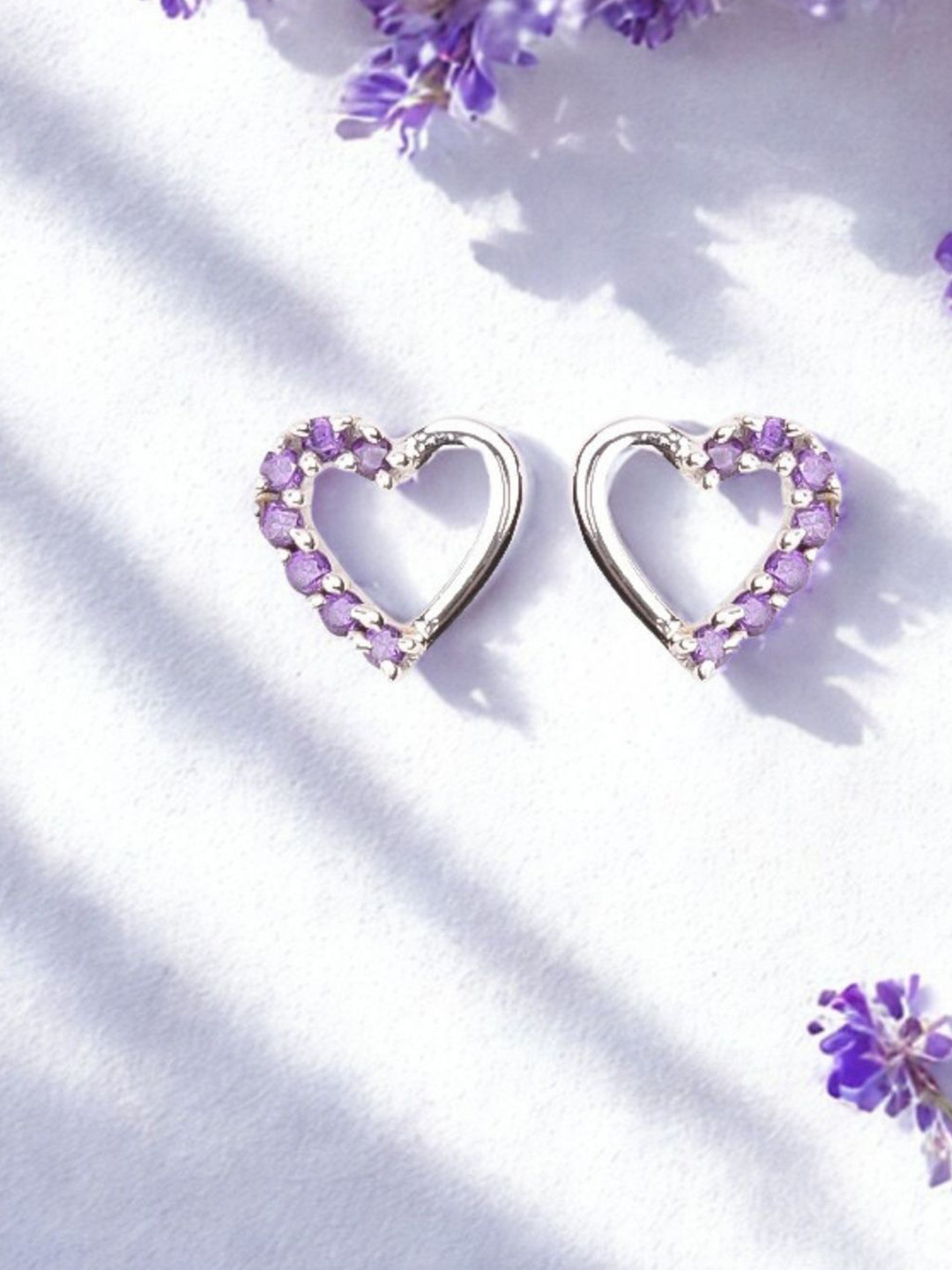 ShimmerTots Girls 925 Sterling Silver Rhodium-Plated Amethyst stone heart Studs Earrings
