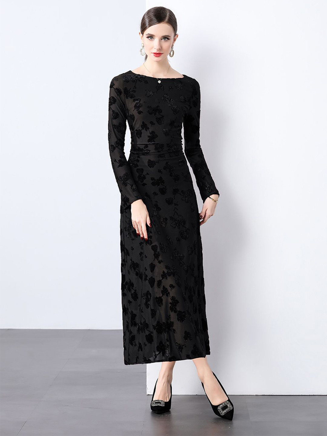 JC Collection Women Self Design Boat Neck Maxi Dress