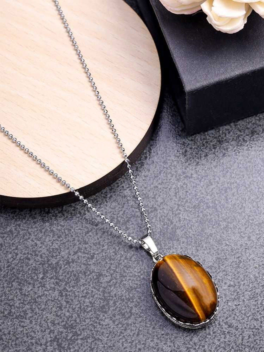 Bling Queen Silver-Plated Tiger Eye Oval Shaped Pendant With Ball Chain