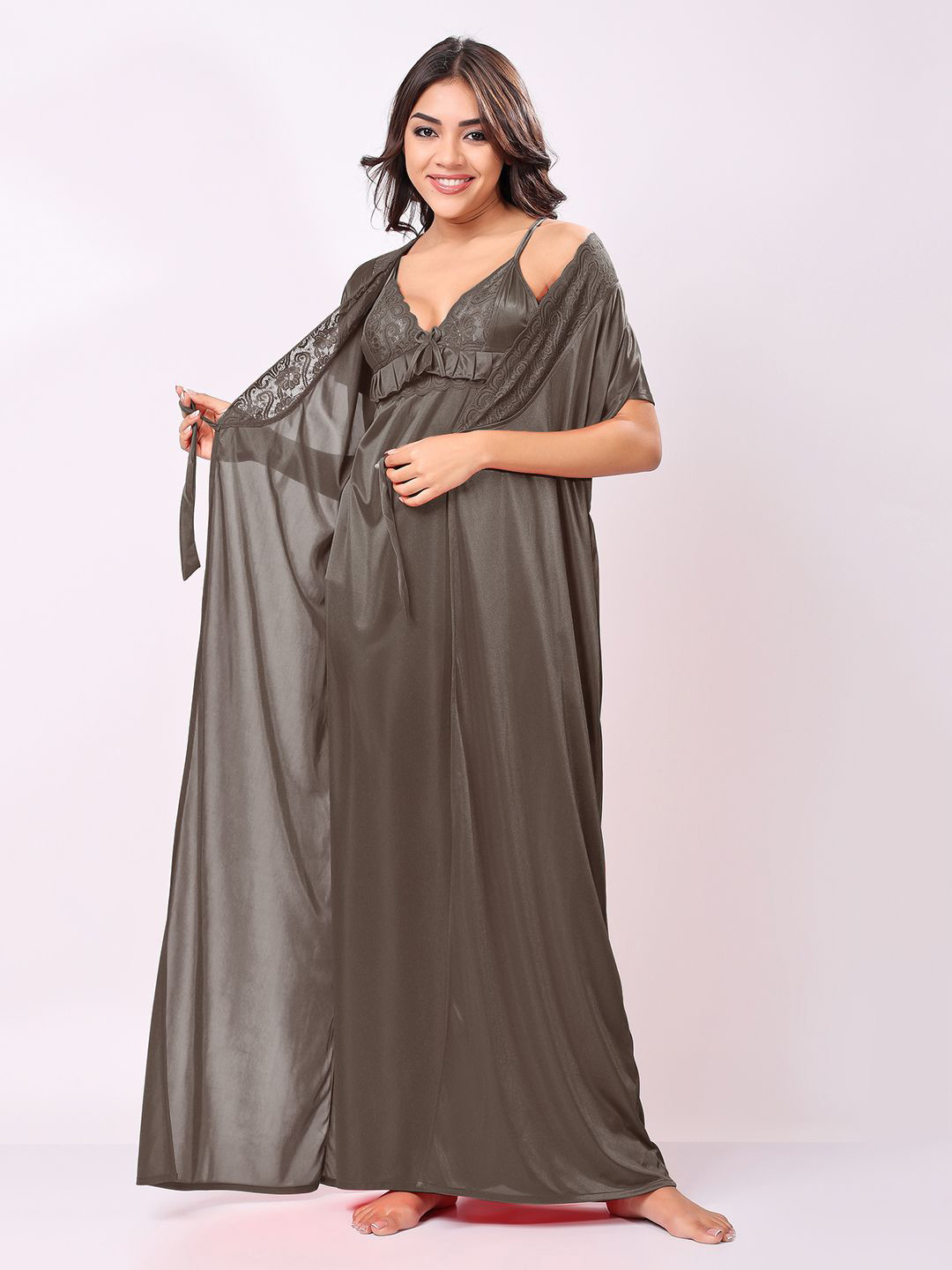 Night Keys Women Umber Soild Satin Night Dress With Robe