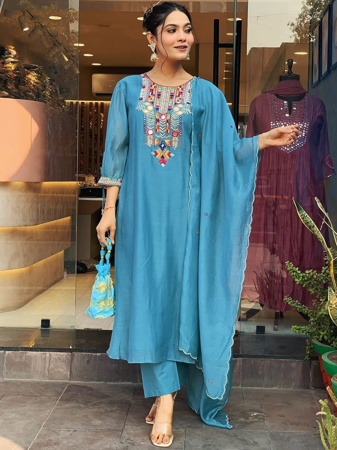 Aaysa Kurti Geometric Yoke Design Mirror Work Chanderi Silk Kurta With Trouser And Dupatta