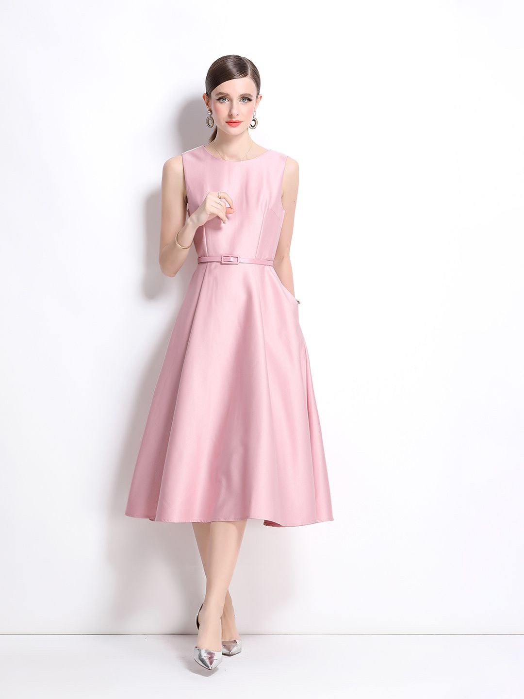 JC Collection Sheen Belted Fit & Flare Midi Dress