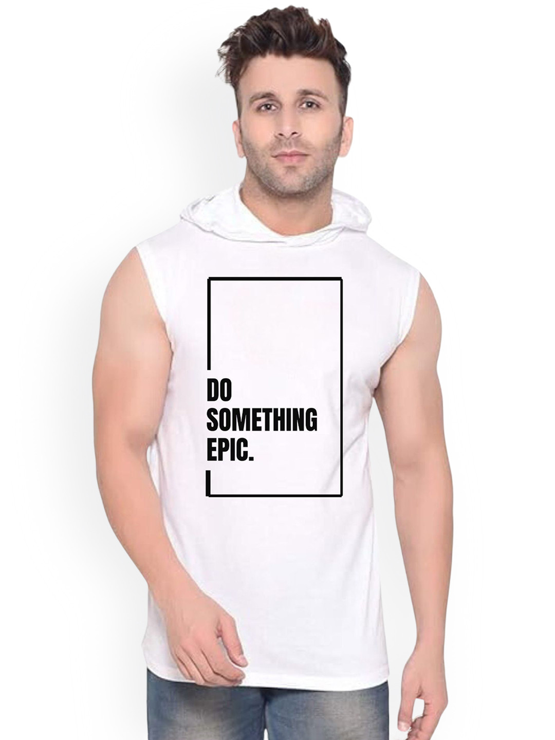 Fashnobic Do Something Epic Printed Hooded Gym Vest - K__Print-178_gym_vest White M