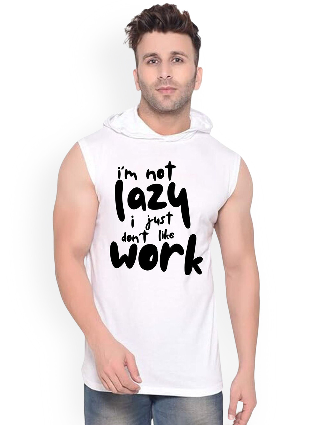 Fashnobic I'm Not Lazy Printed Hooded Gym Vest - K__Print-198_gym_vest White M