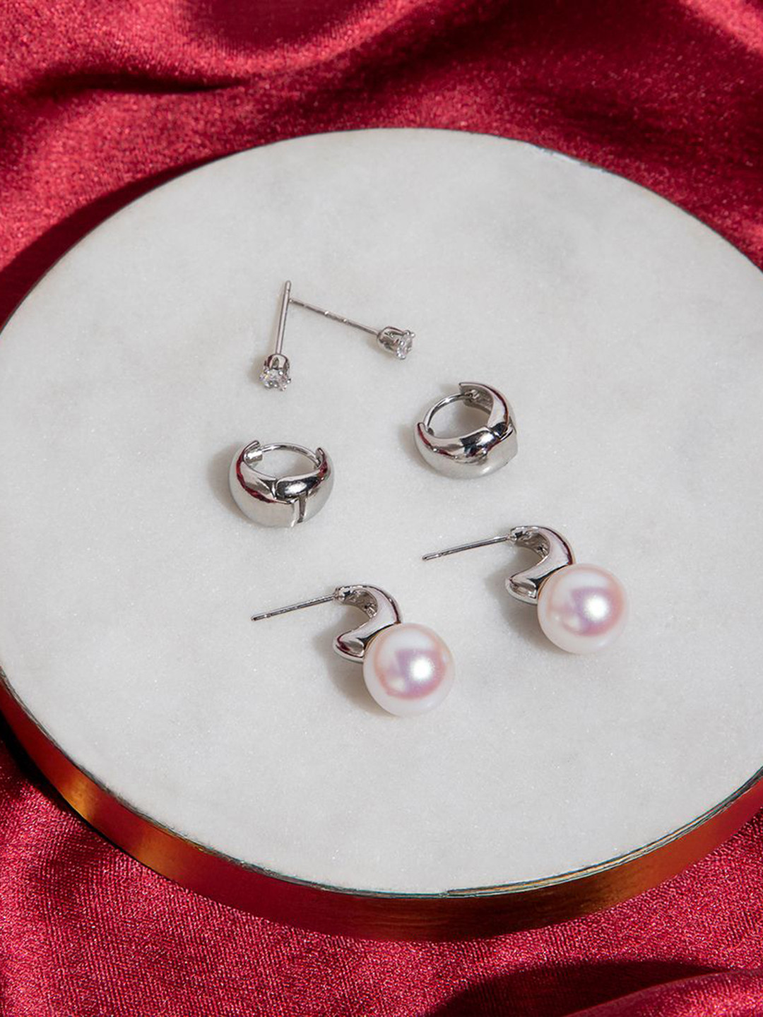 Maasha Set Of 3 Stone Studded Hoop & Stud Earrings