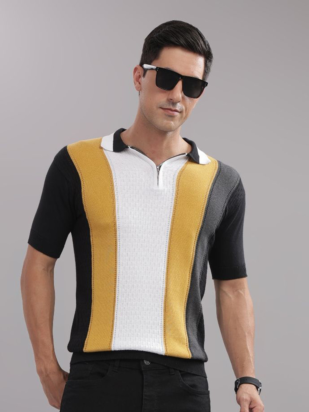 OUTLAWS Colourblocked Printed Self Design Polo Collar Pure Cotton Regular Fit T-shirt