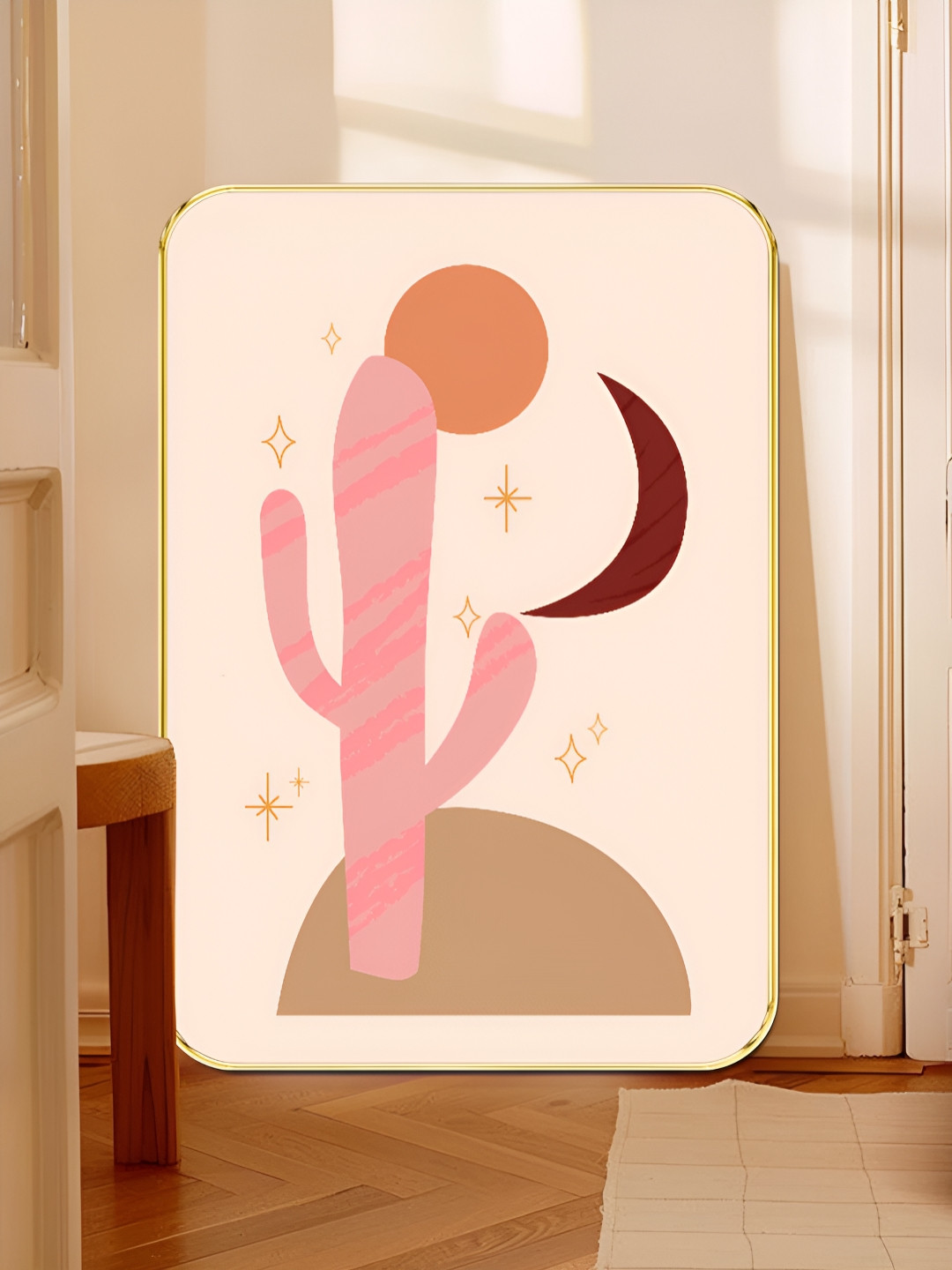 Livin'luxe Pink & Brown Minimalist Desert Landscape Boho Cactus Wooden Wall Art