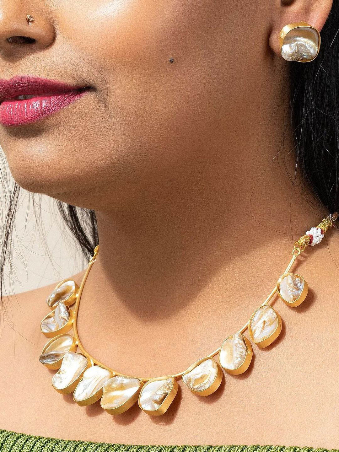 Look and Adorn Mother Of Pearl Brass Choker Necklace Sets with Earrings
