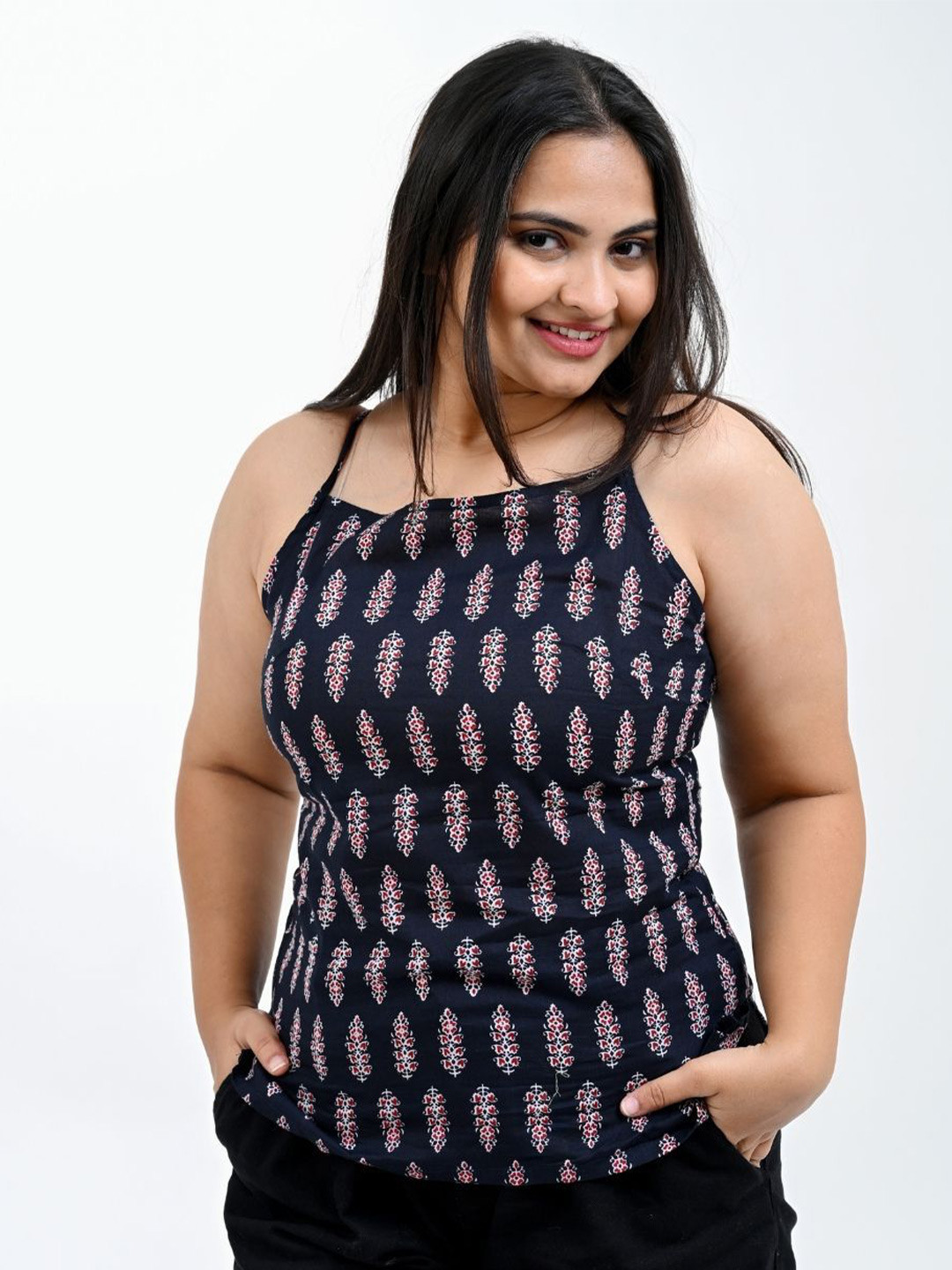 30 Looks Women Black Cotton Printed Strap Top