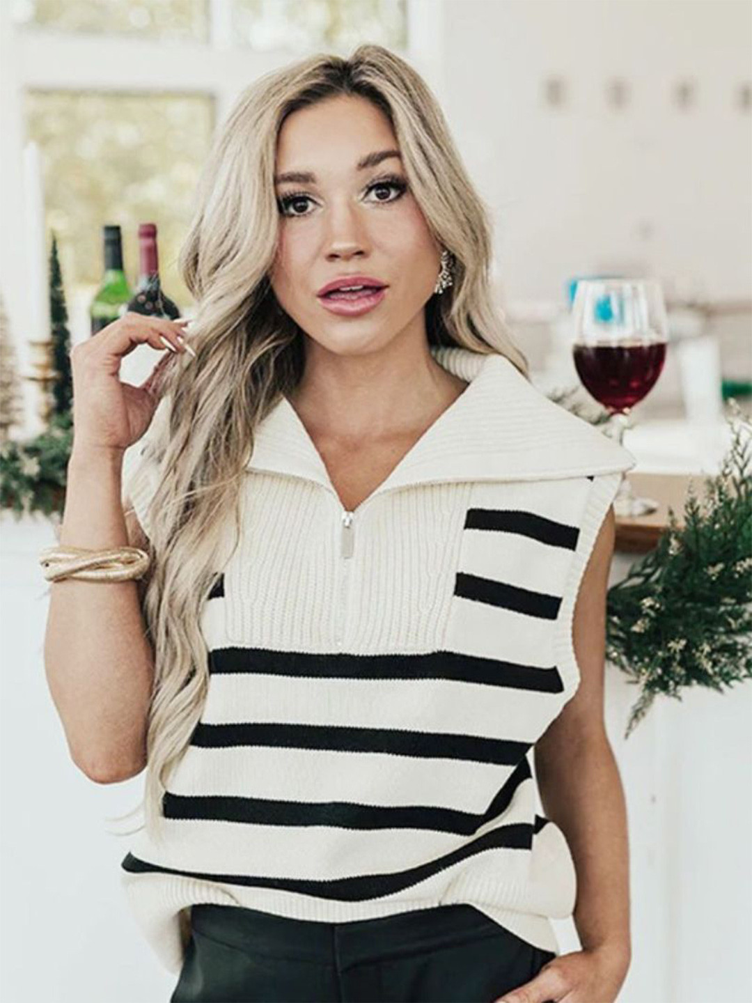 StyleCast Women Striped Peter Pan Collar Top