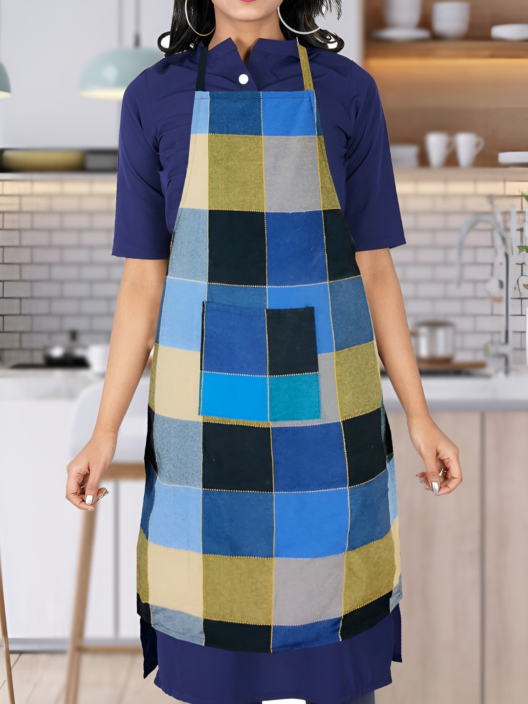 KANUSHI INDUSTRIES Black & Blue Checked Cotton Waterproof Chef Apron