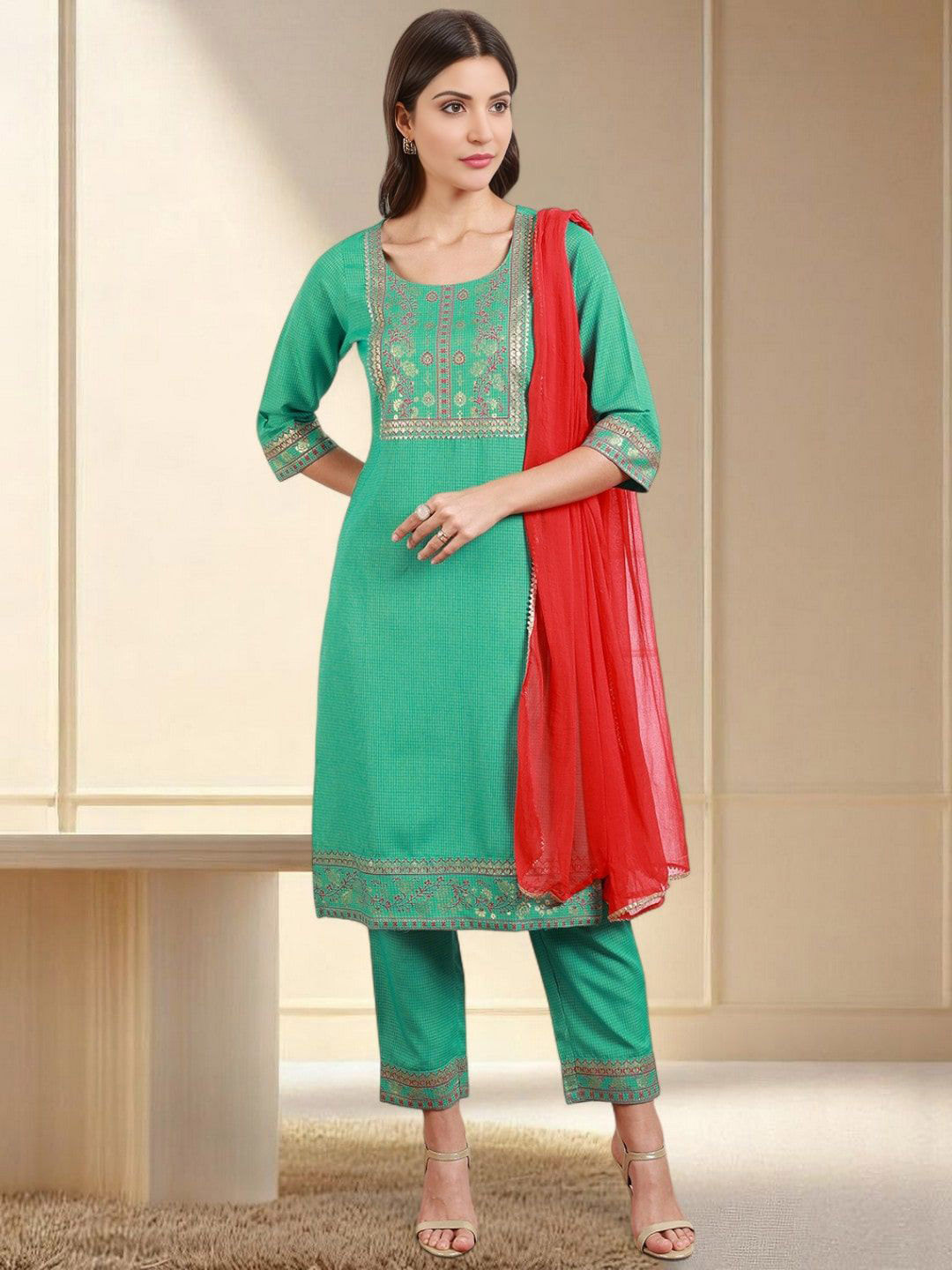 Jeff co-op Yoke Design Round Neck Straight Kurta With Trousers & Dupatta