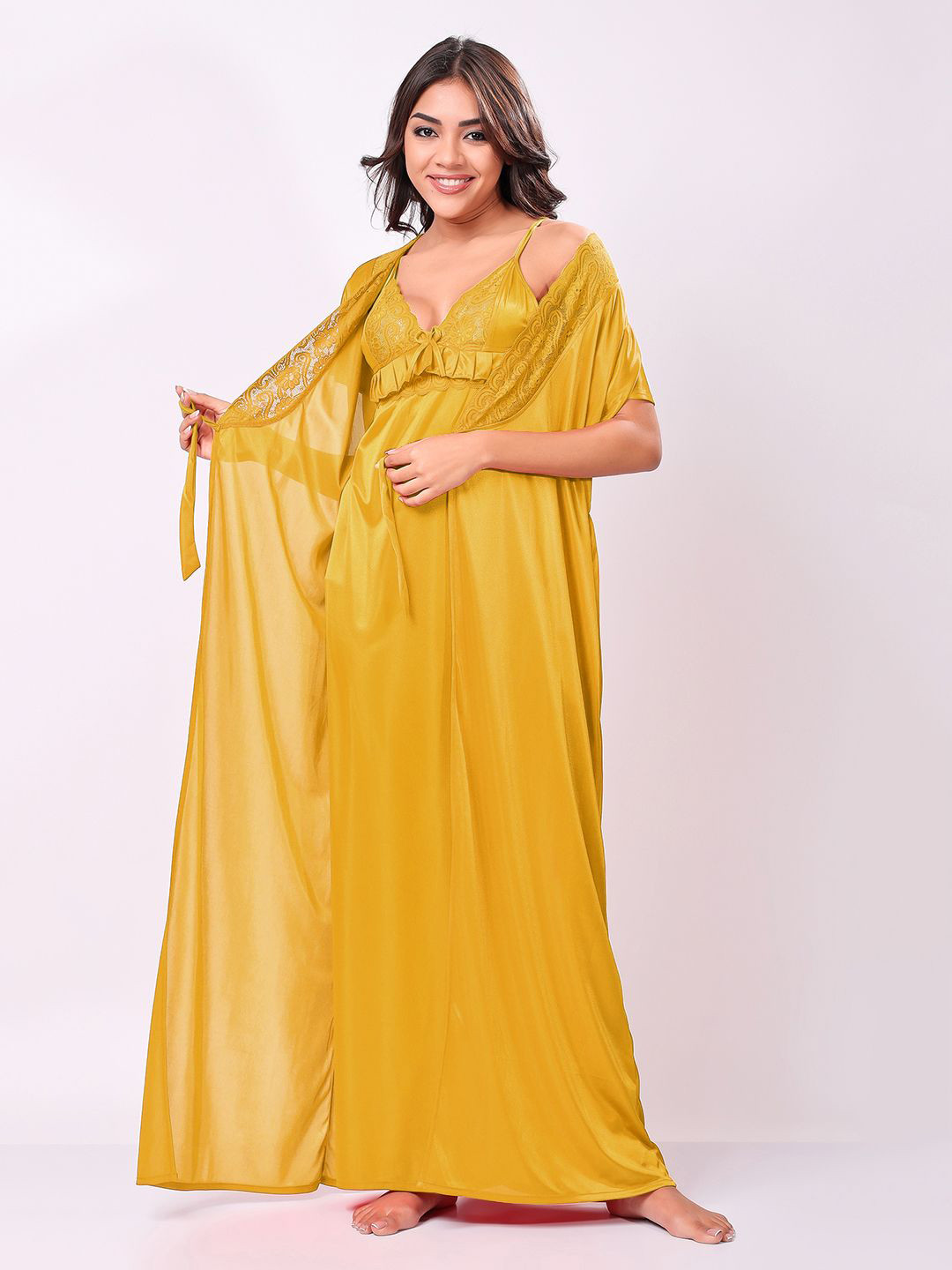Night Keys Women Yellow Soild Satin Night Dress with Robe