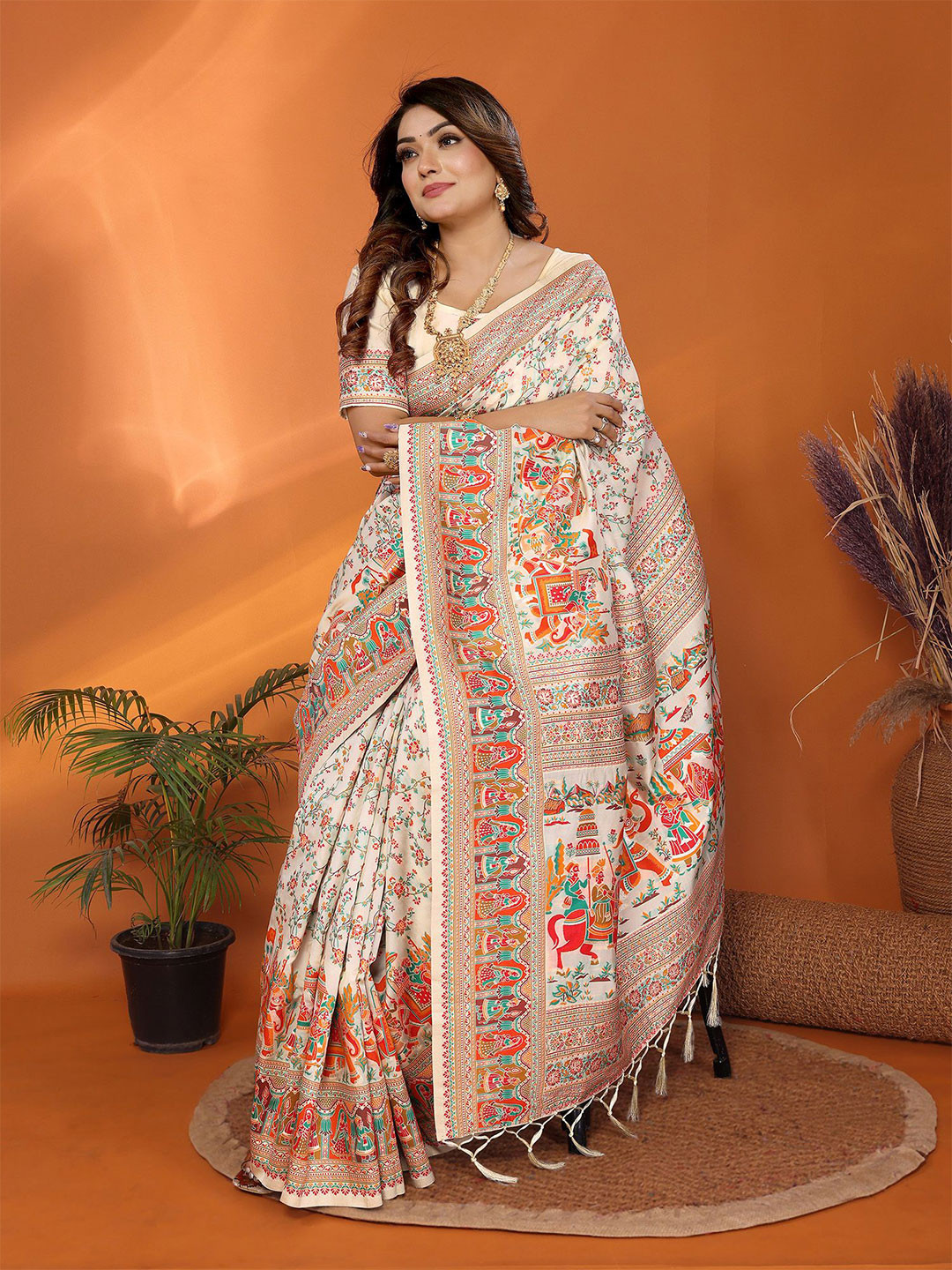 elora Kalamkari Woven Design Saree With Unstitched Blouse Piece