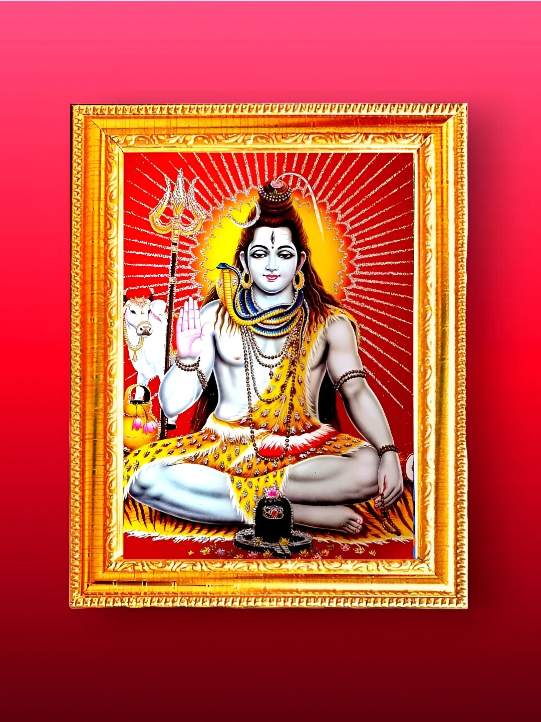 SUNINOW Gold Toned & Red Lord Shiva Printed Photo Frame