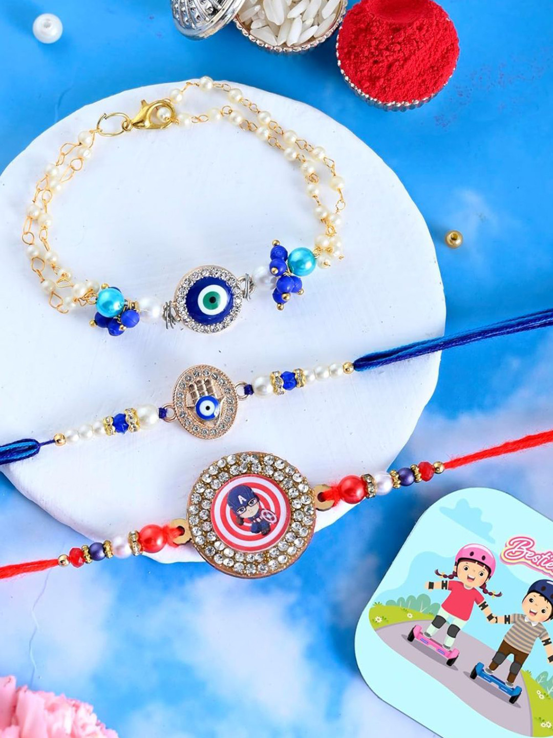 CraftVatika Kids Set Of 3 Brother & Bhabhi Rakhi With Tilak Greeting Card & Fridge Magnet