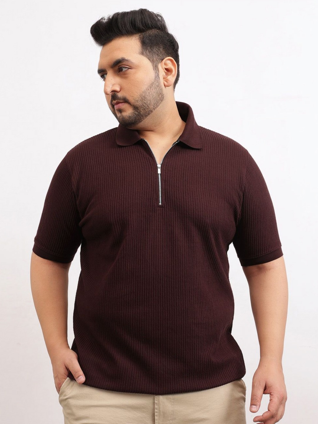 UNSTD Men Plus Size Zipper Textured Polo T-Shirt