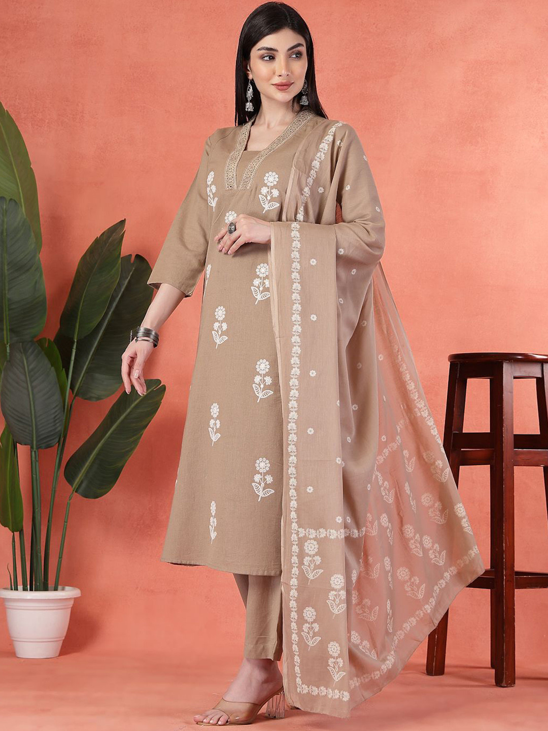 Shangri LA MS Designs Floral Embroidered Mirror Work Cotton Kurta With Trouser And Dupatta