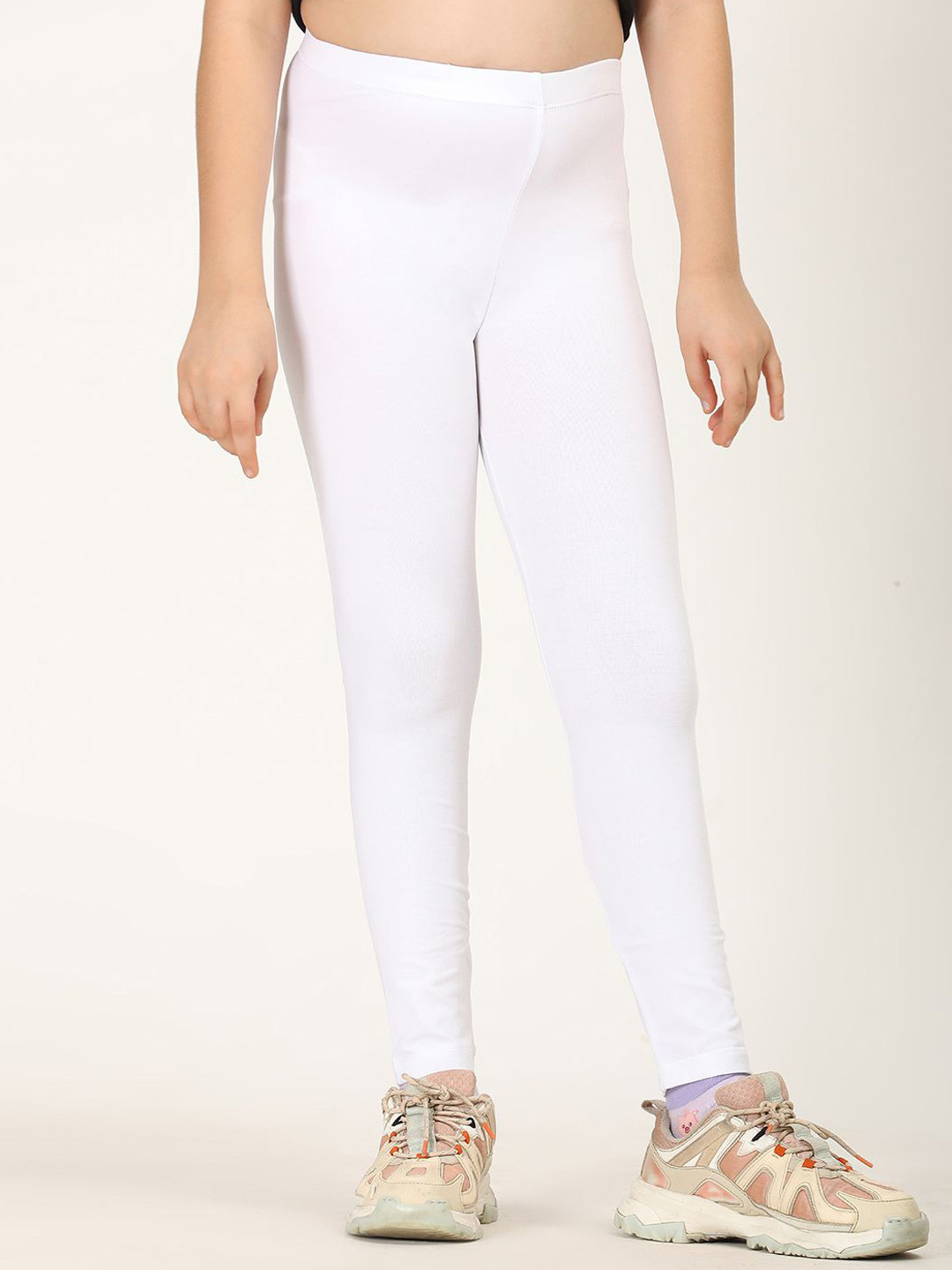 ZION Premium Cotton 4-Way Stretch Knitted Ankle-Length Solid Leggings - White