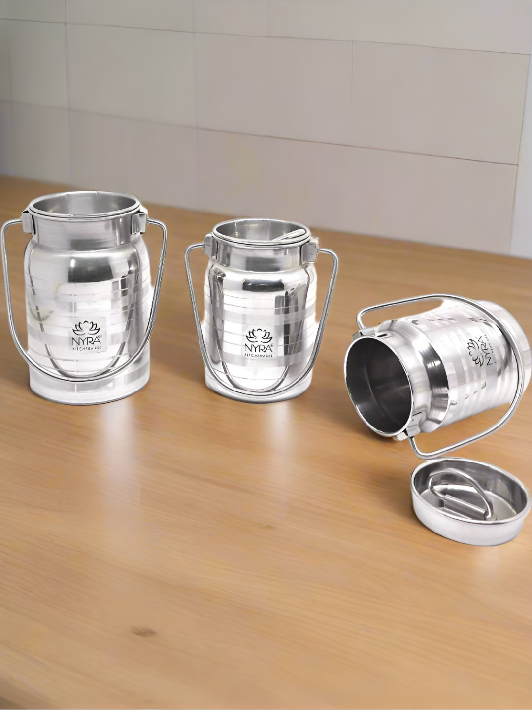 Nyra Kitchenware Steel Stainless Steel Dishwasher Safe 3 Piece Flip Top Milk Pitcher