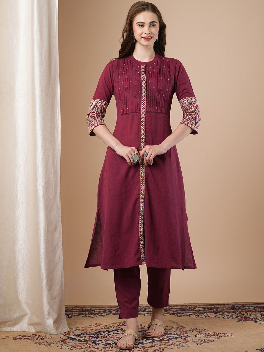 FASHOR Embroidered Straight-Fit Tunic & Trousers Co-Ord Set