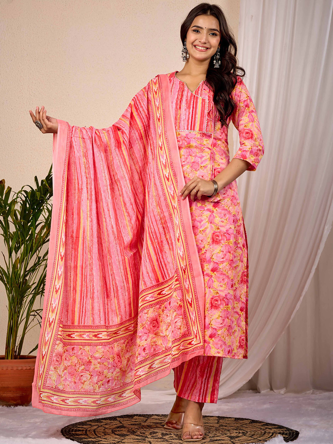 NAMA'S Women Floral Printed Pure Cotton Kurta with Trousers & With Dupatta Kurta Sets