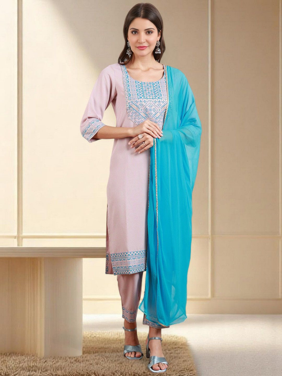 Jeff co-op Yoke Design Round Neck Straight Kurta With Trousers & Dupatta