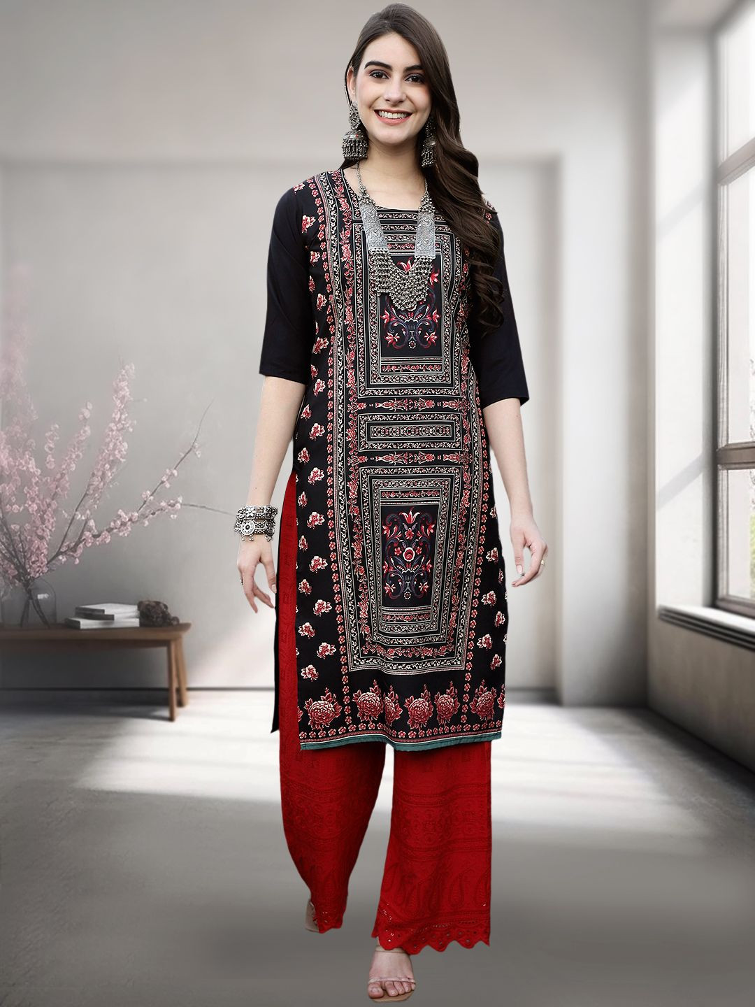 HERE&NOW Ethnic Motifs Printed Round Neck Straight Kurta
