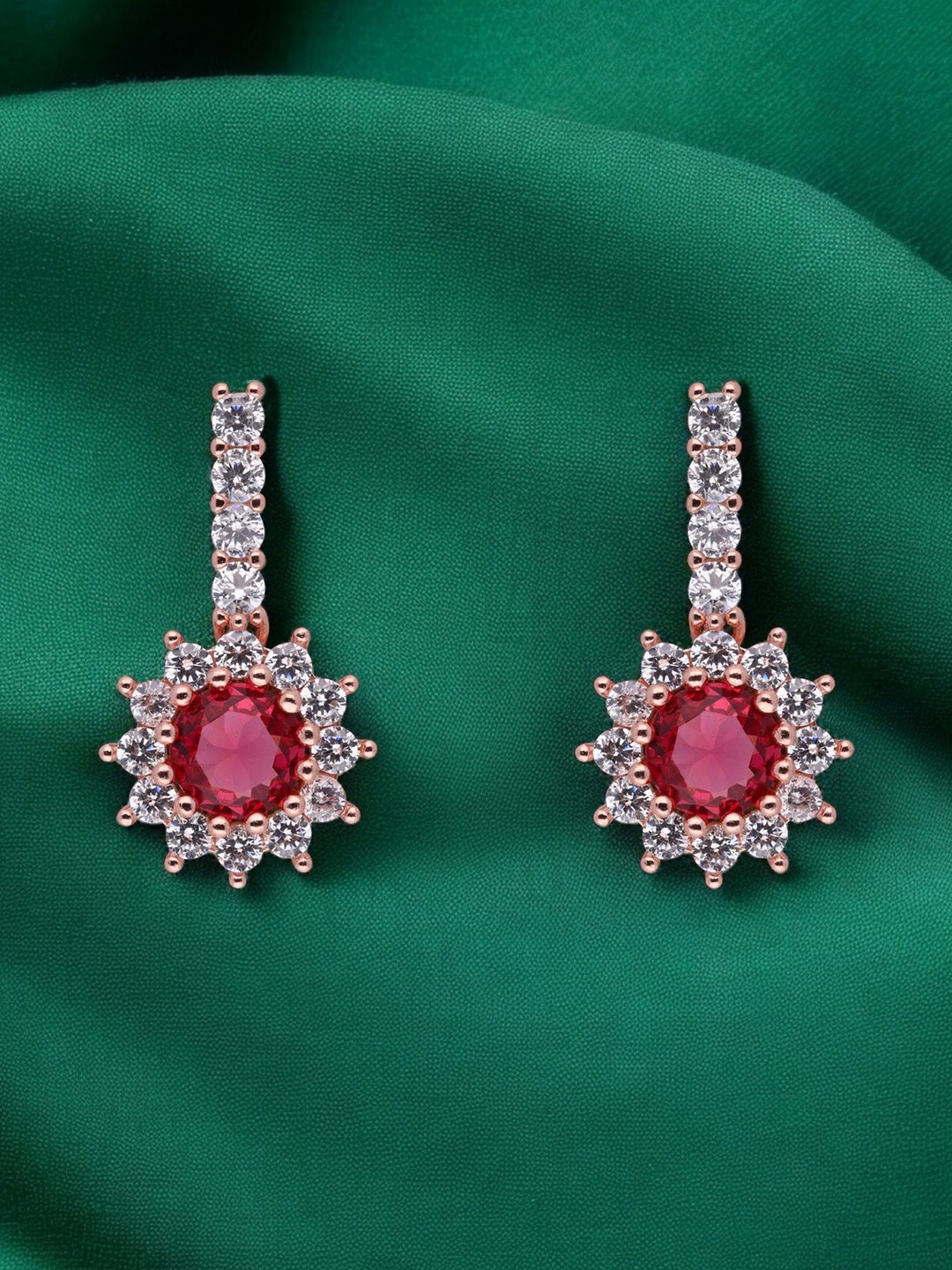 Crash.Club By CKC Silve Rose Gold-Plated CZ Studded Floral Shaped Drop Earrings