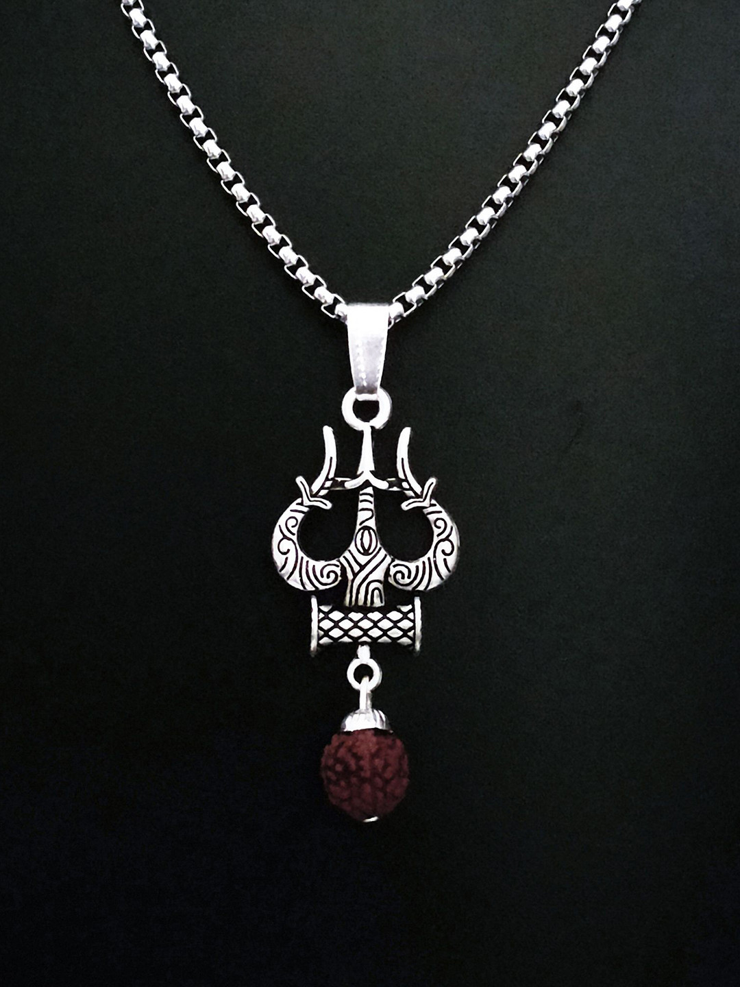 Minprice Stainless Steel Silver-Plated Trishul Rudraksha Pendant With Chain