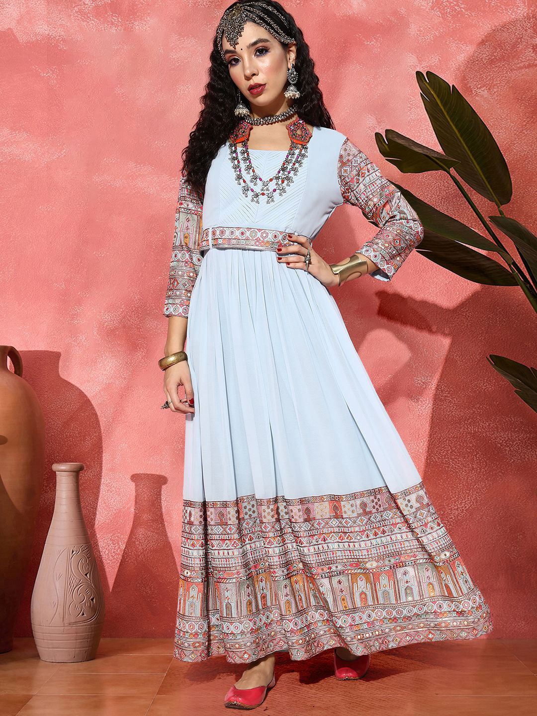 Sangria Sequence & Mirror Work Embroidered Fit & Flared Maxi Dress