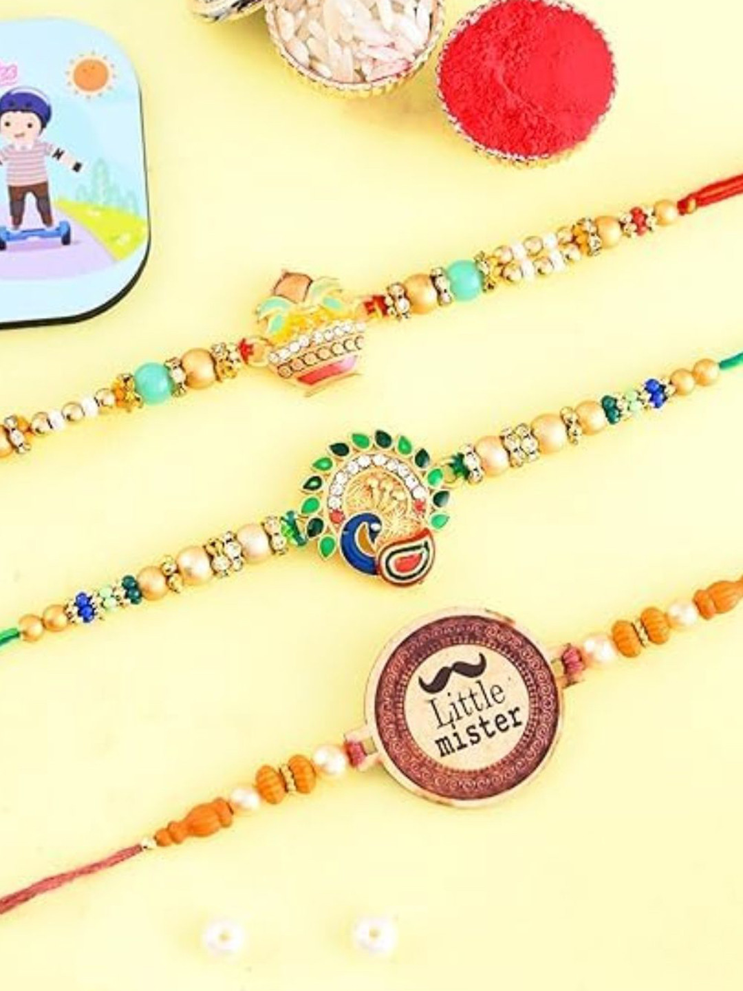 CraftVatika Men Set Of 3 Peacock Rakhi With Fridge Magnet Gift Set