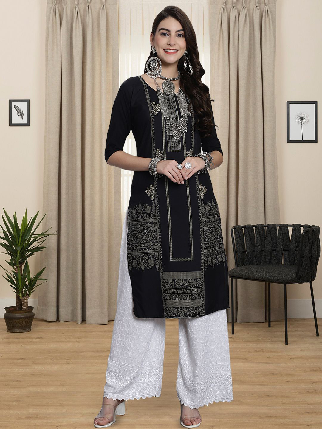 HERE&NOW Ethnic Motifs Printed Round Neck Straight Kurta
