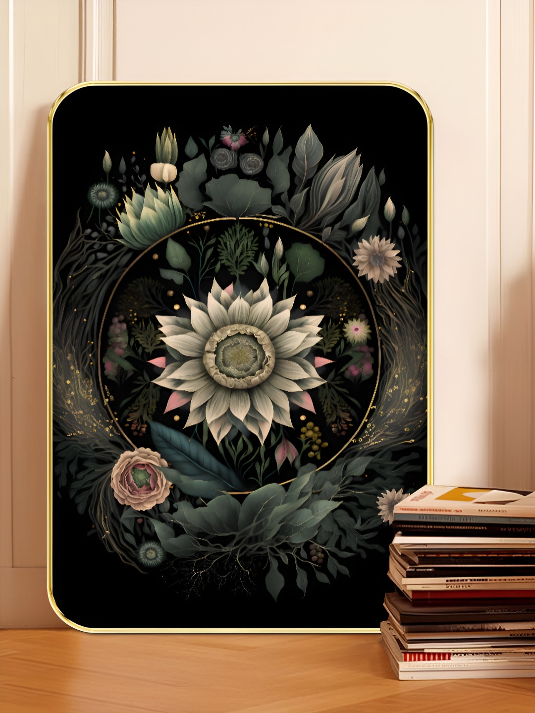 Livin'luxe Black & Green Dark Floral Mandala Printed Wooden Wall Art