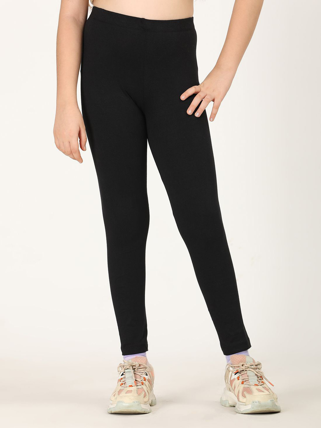 ZION Premium Cotton 4-Way Stretch Knitted Ankle-Length Solid Leggings - Black