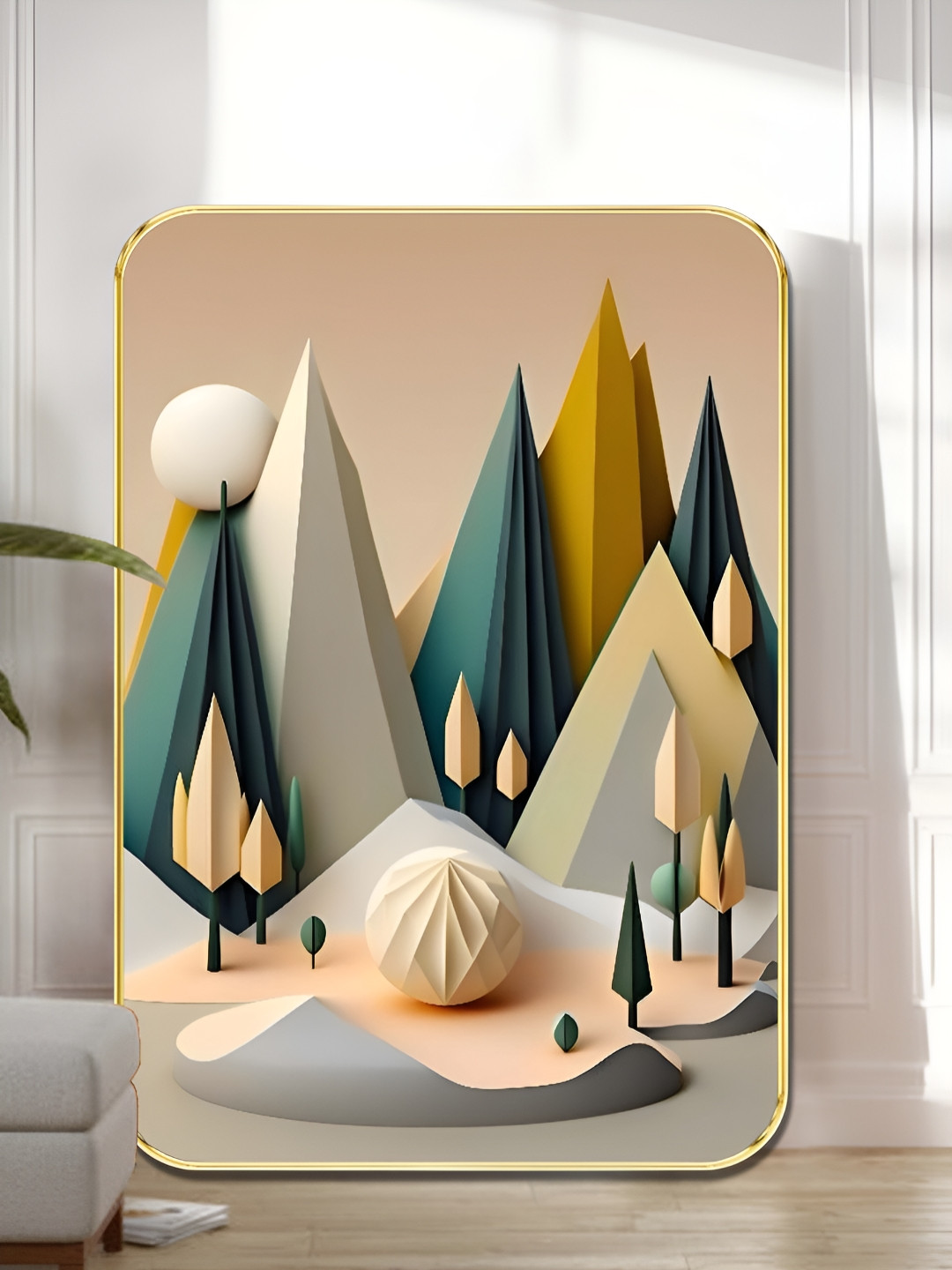 Myntra Elegant Homes Beige & White Abstract Geometric Forest Wooden Wall Art