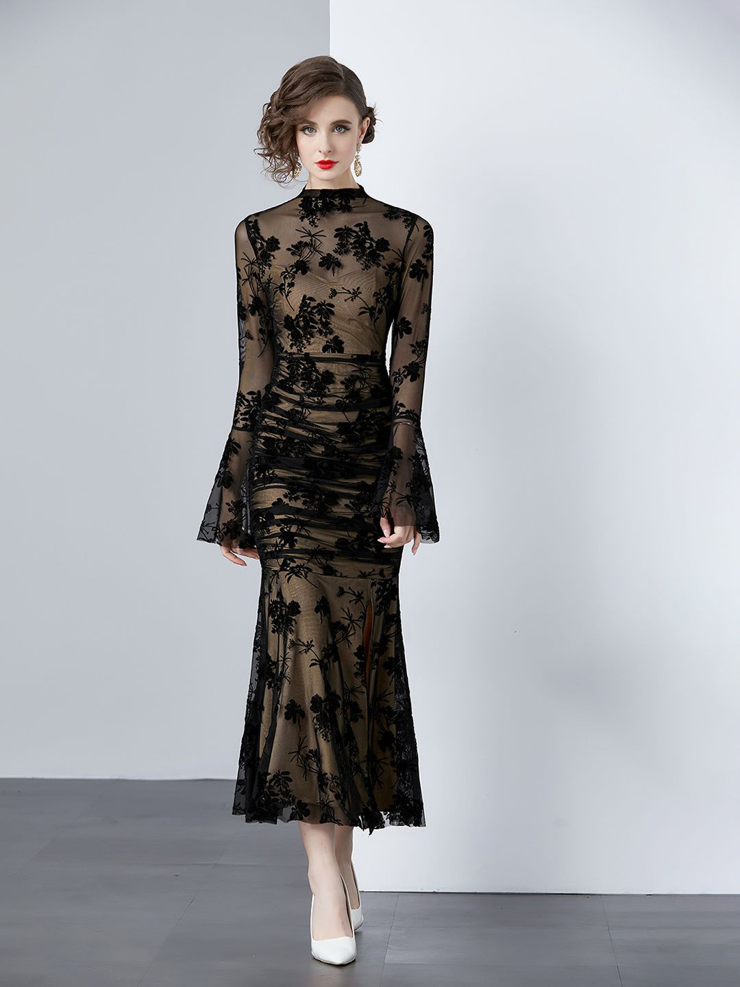 JC Collection Abstract Printed Layered High Neck Bell Sleeve Drop-Waist Maxi Dress