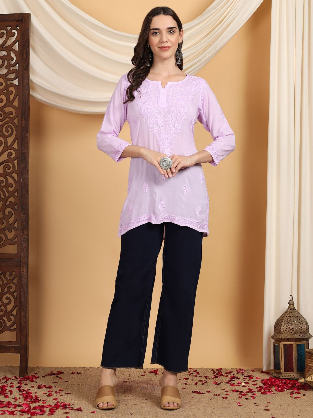 Poshak Chikan Studio Floral Embroidered Chikankari Modal Chikankari Kurti