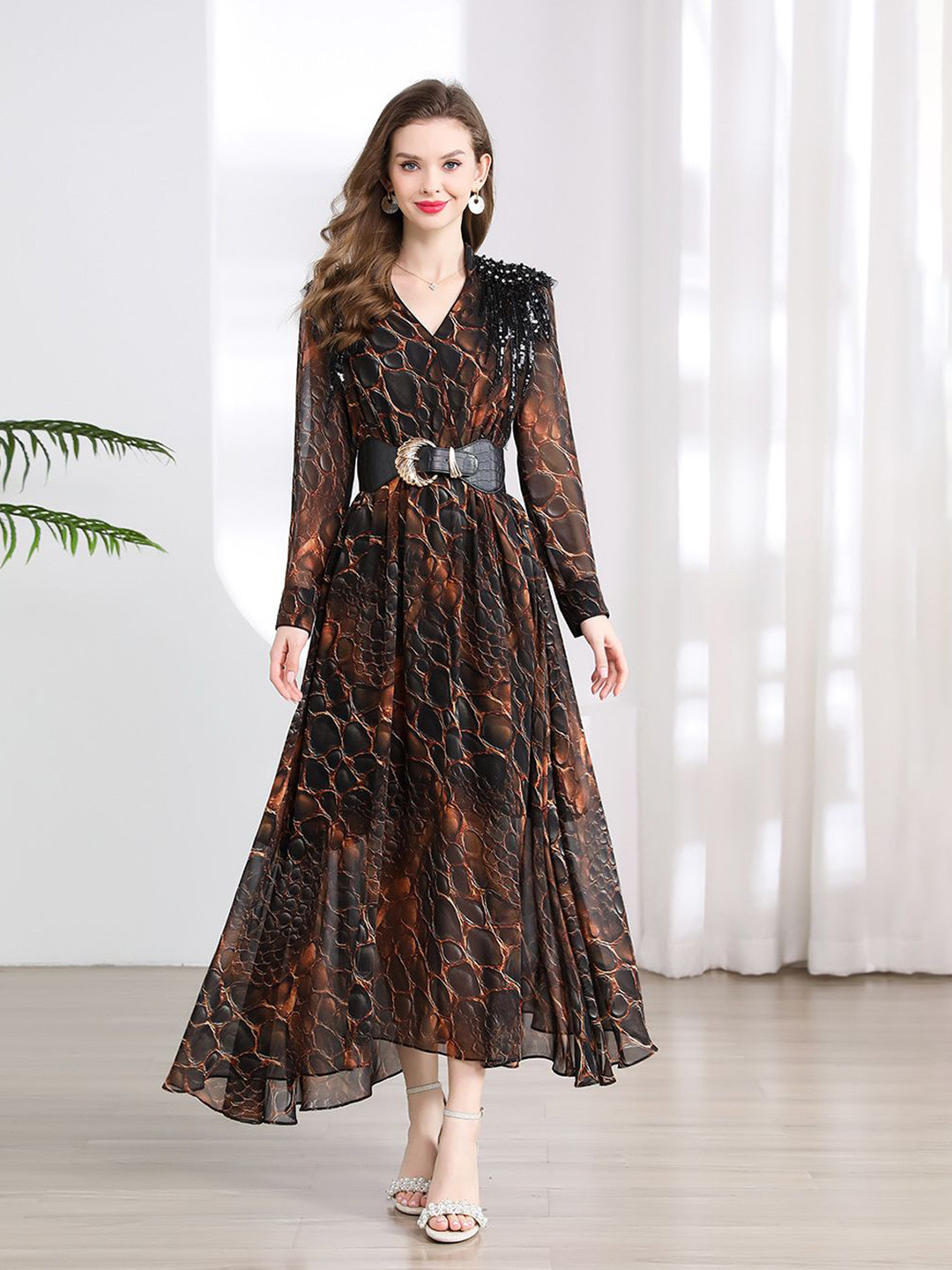 JC Collection Women Animal Printed V-Neck Fit & Flare Maxi Dress with Belt