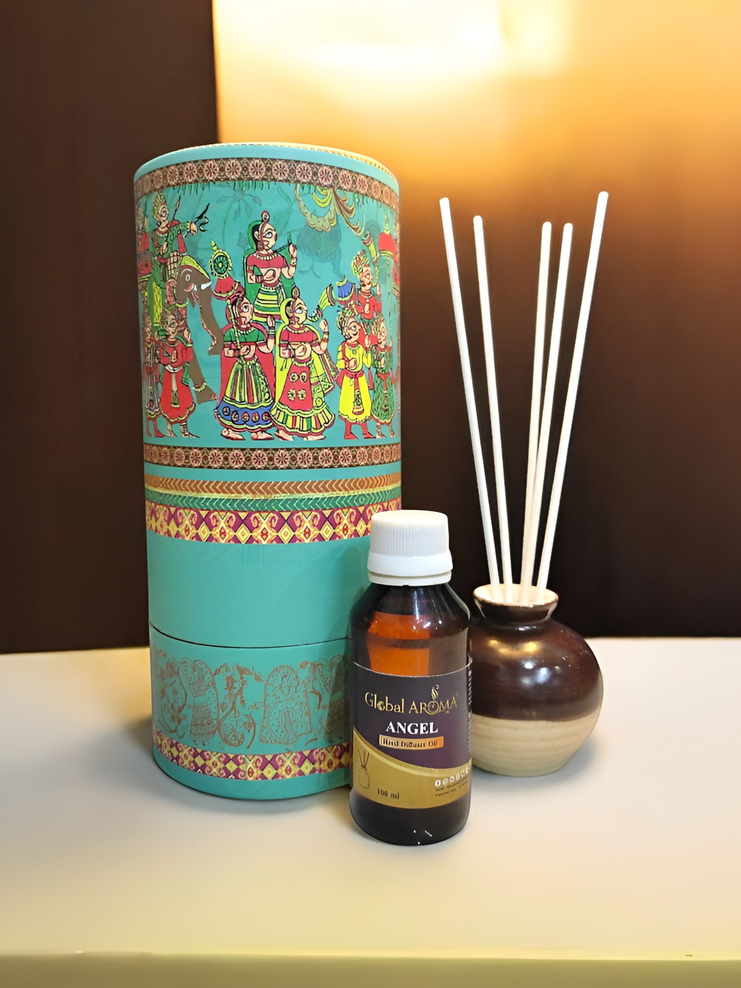 GLOBAL AROMA 7Pc Brown & Green Printed Aroma Oil Diffuser With Aroma Oil & Sticks - 100ml