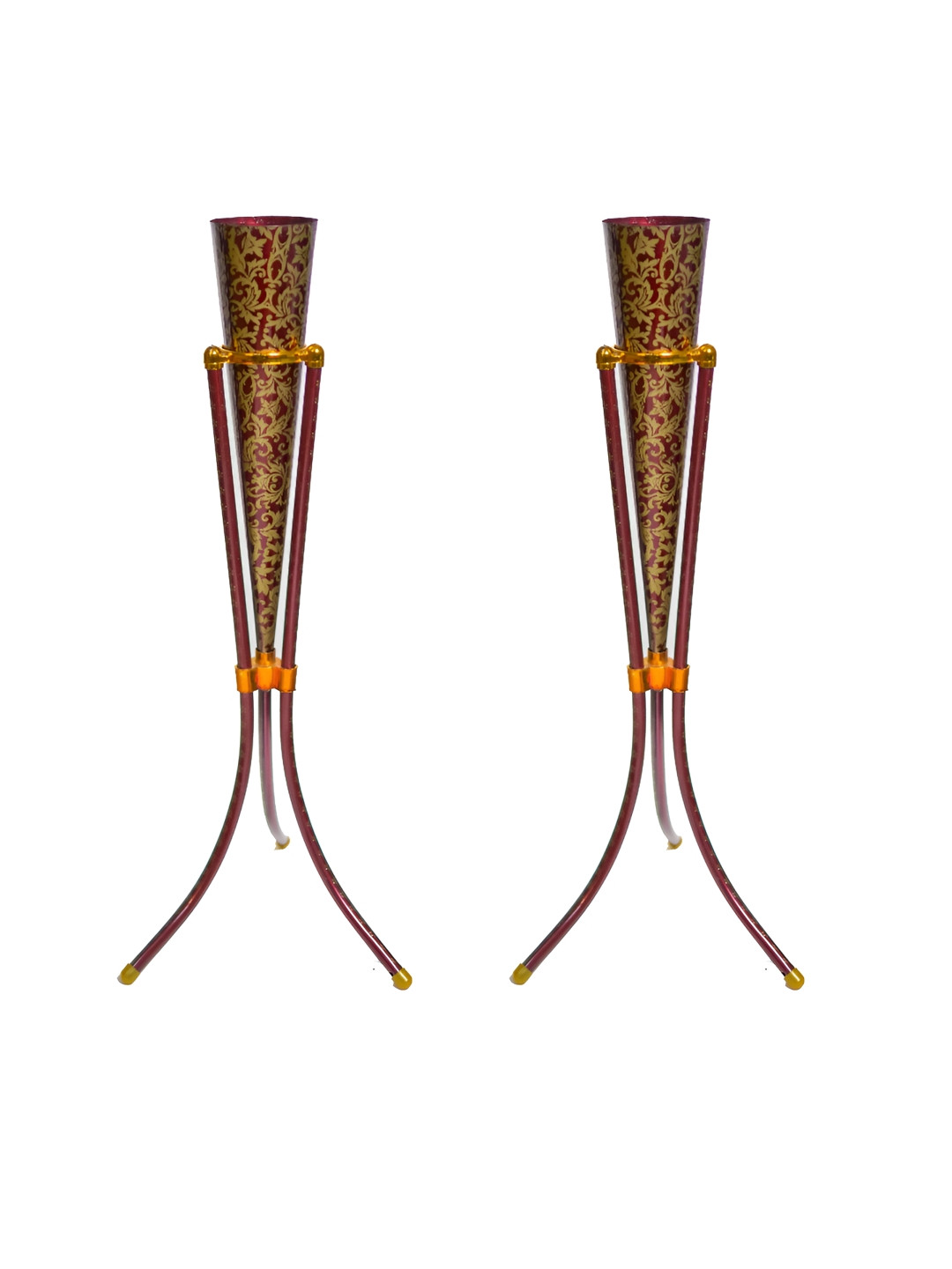Groove and Grains 2Pcs Maroon & Yellow Printed Metal Flower Vases