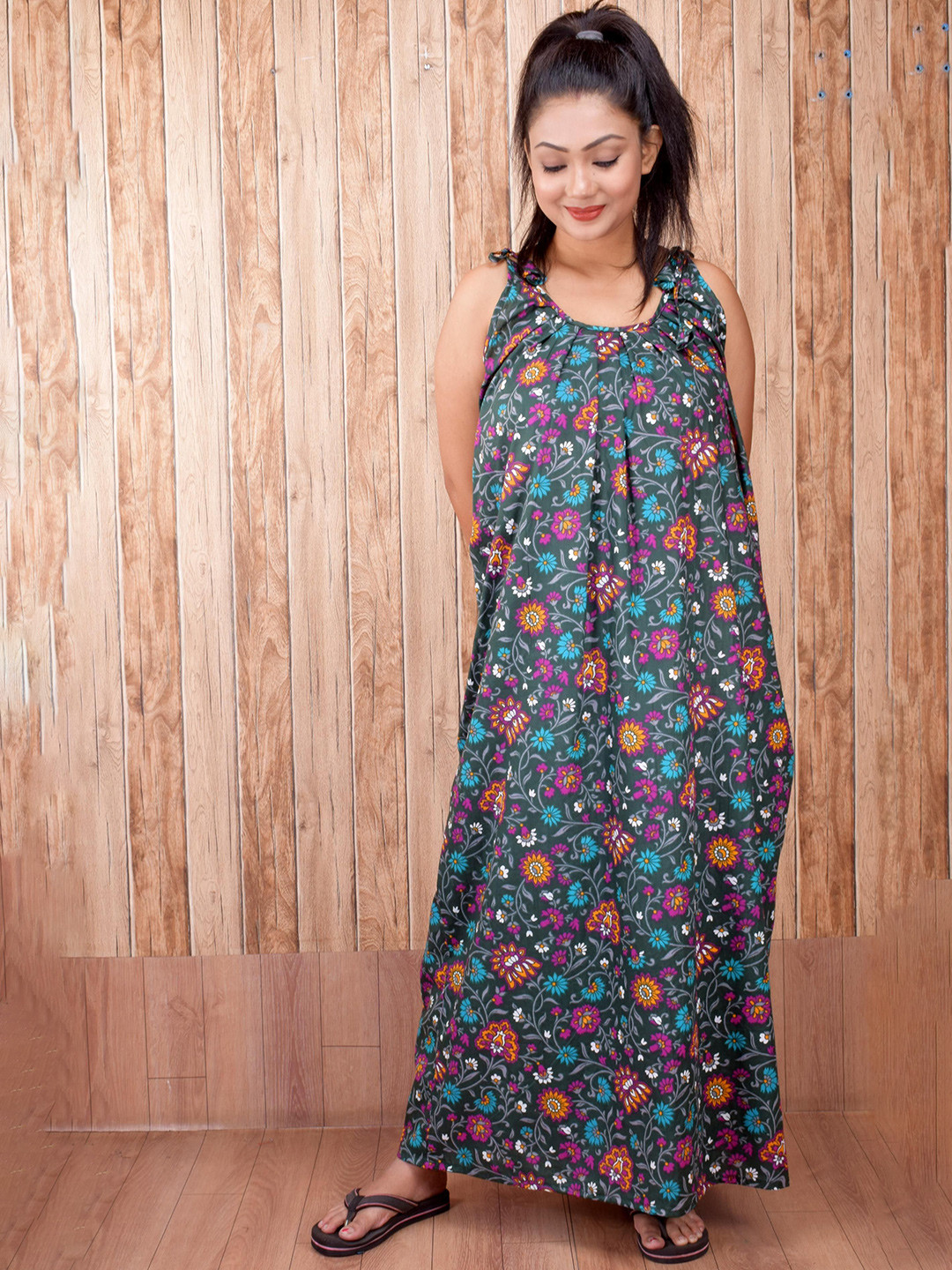 CLYMAA Women Printed Maxi Nightdress